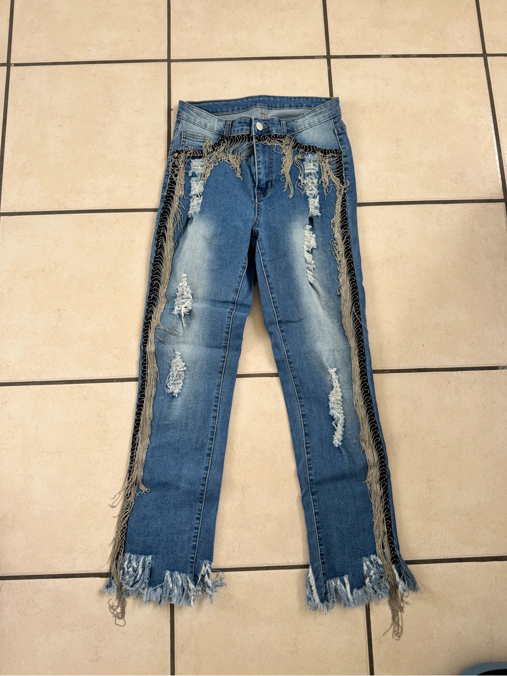 Blue Frayed Wide-Leg Distressed Jeans with Side Fringe